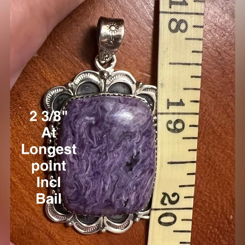 Natural Charoite 925 Silver Pendant – Silk Patterned Stone Purple Gemstone #557